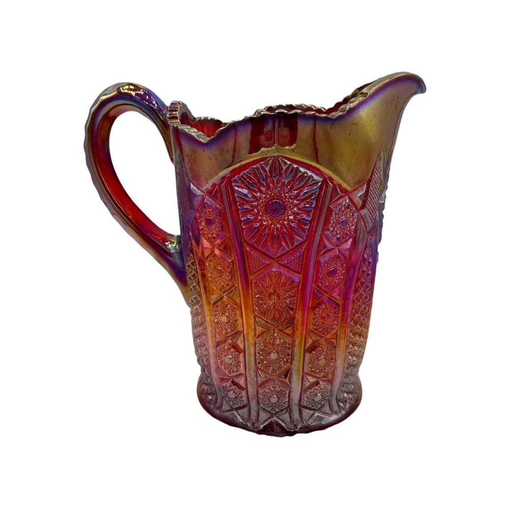 Vtg Carnival Indiana Glass Red Amberina Sunburst Iridescent Heavy Pitcher Glows - Picture 2 of 10